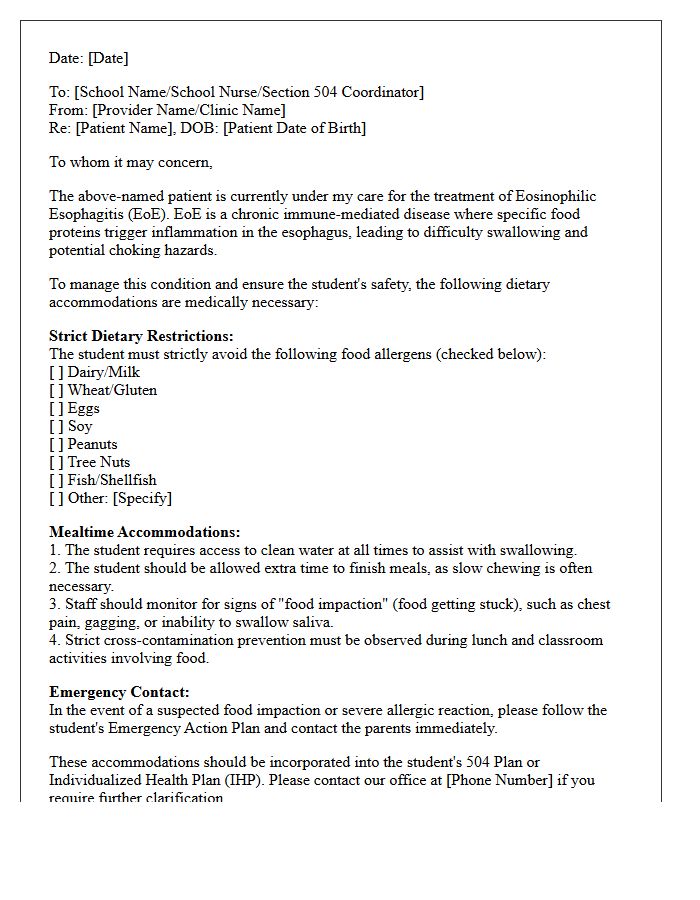 Medical Clinic Letter for Eosinophilic Esophagitis Return to School Diet Accommodations