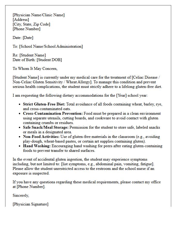 Return to School Medical Letter for Strict Gluten-Free Dietary Accommodations