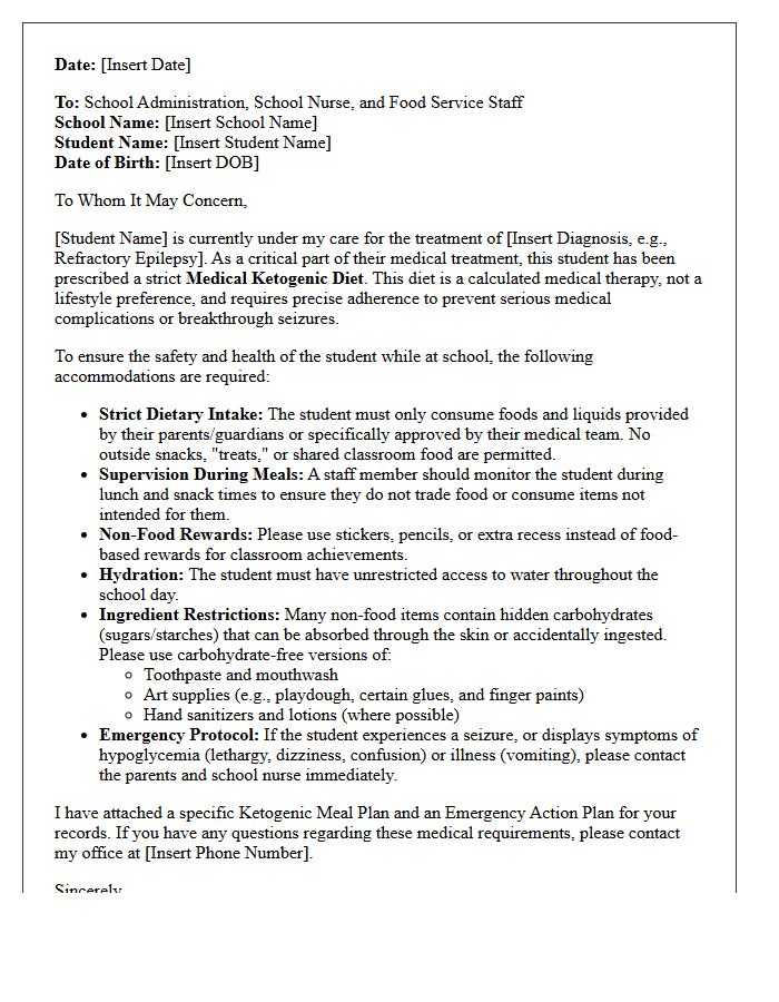 Physician Letter for Return to School With Specialized Ketogenic Diet Accommodations