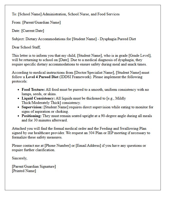 Student Return to School Letter for Dysphagia Pureed Diet Accommodations