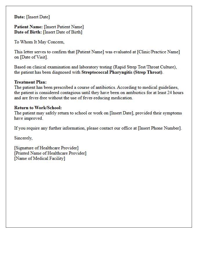 Strep Throat Diagnosis and Treatment Confirmation Letter