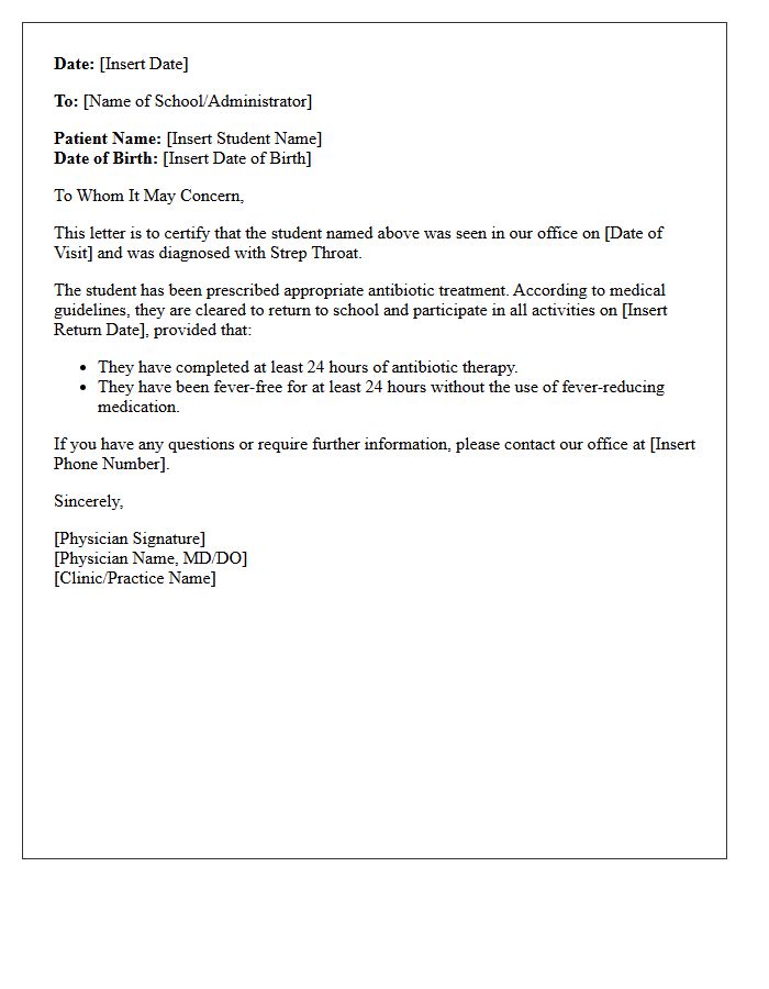 Return to School Medical Clearance Letter for Strep Throat