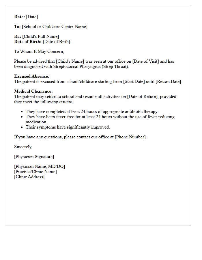 Pediatric Strep Throat Excused Absence and Clearance Letter