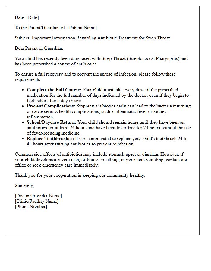 Strep Throat Antibiotic Treatment Compliance Letter