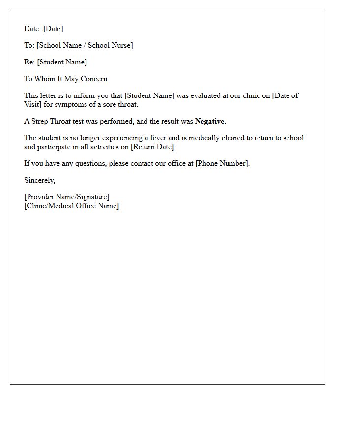 Negative Strep Throat Test Result and Return to School Letter