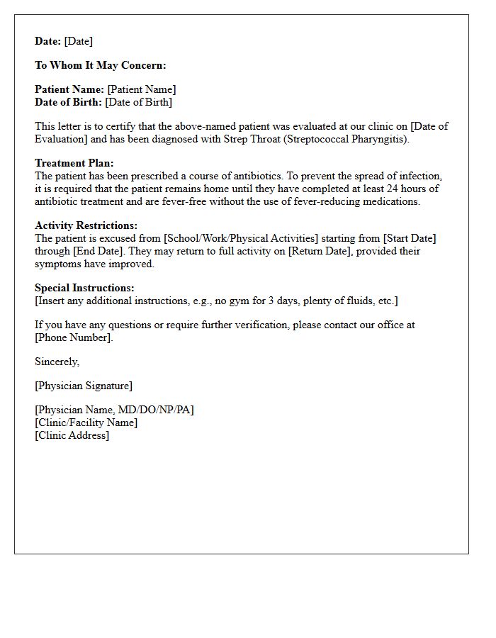 Strep Throat Medical Treatment and Activity Restriction Letter