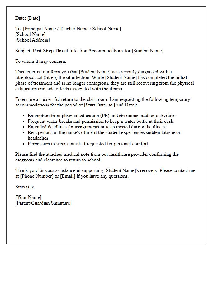 Post-Strep Throat Infection School Accommodation Letter