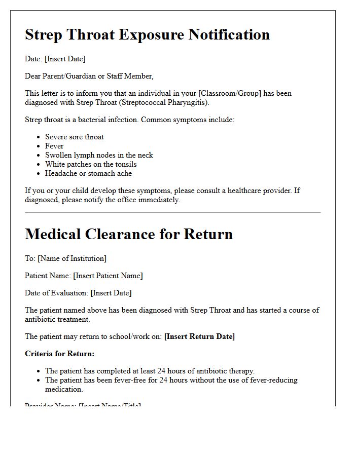 Strep Throat Exposure Notification and Clearance Letter