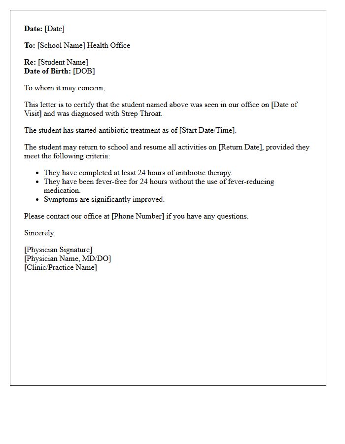 School Health Office Strep Throat Clearance Letter