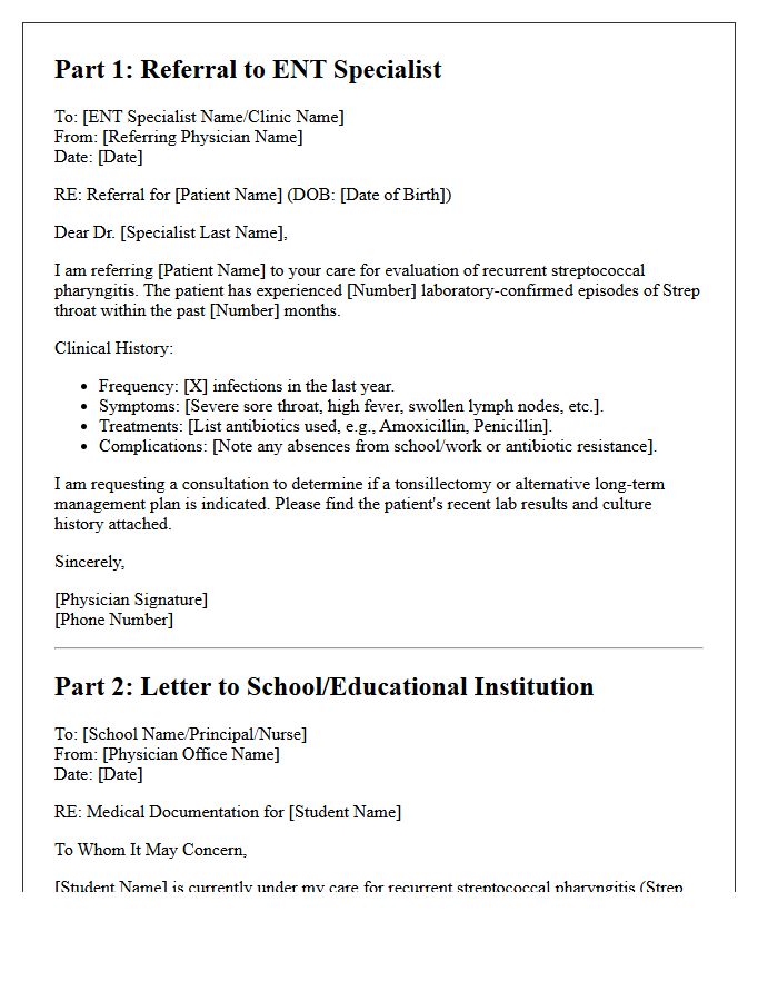 Recurrent Strep Throat Specialist Referral and School Letter