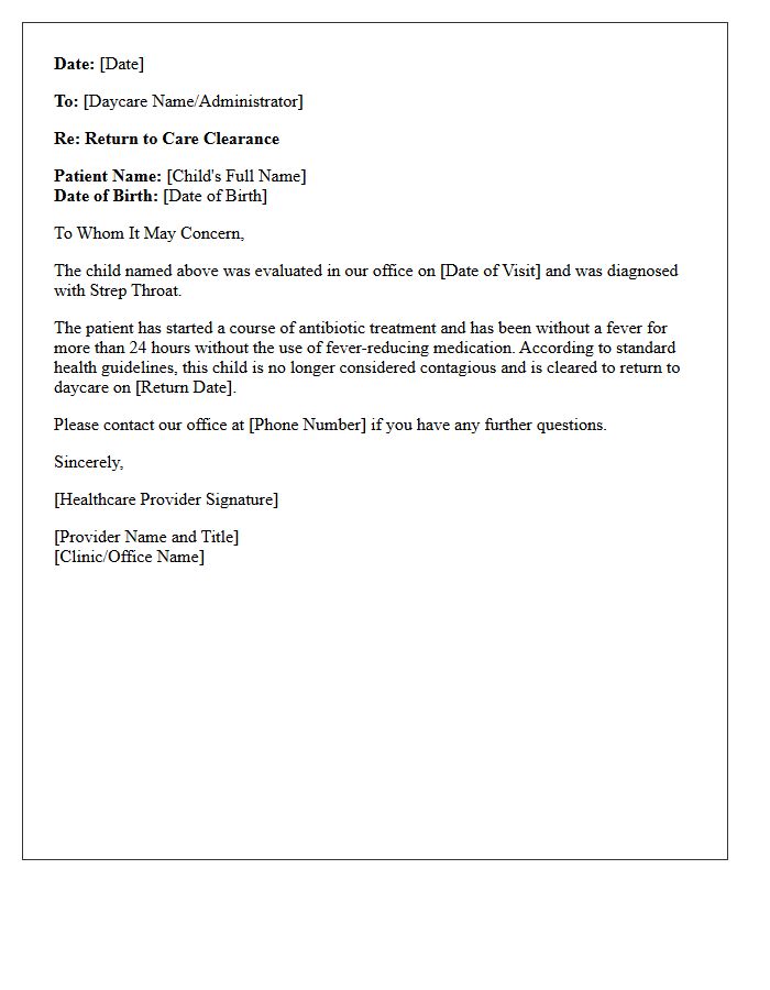Strep Throat Daycare Return Clearance Letter