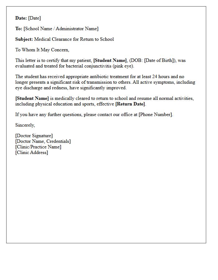 Post-Treatment Bacterial Conjunctivitis School Clearance Letter