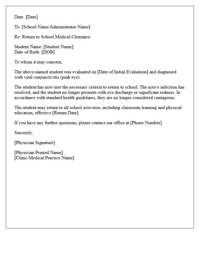 Viral Conjunctivitis Resolution Return to School Letter