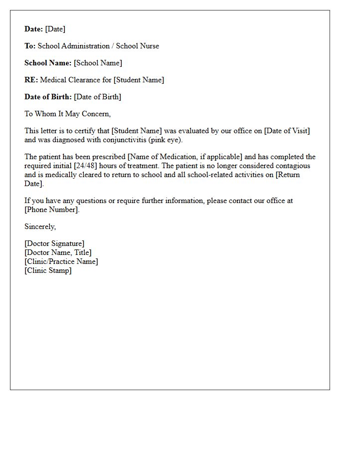 Pediatric Pink Eye Treatment Completion School Letter