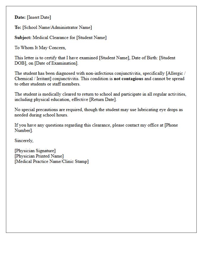 Student Conjunctivitis Non-Contagious Status Verification Letter