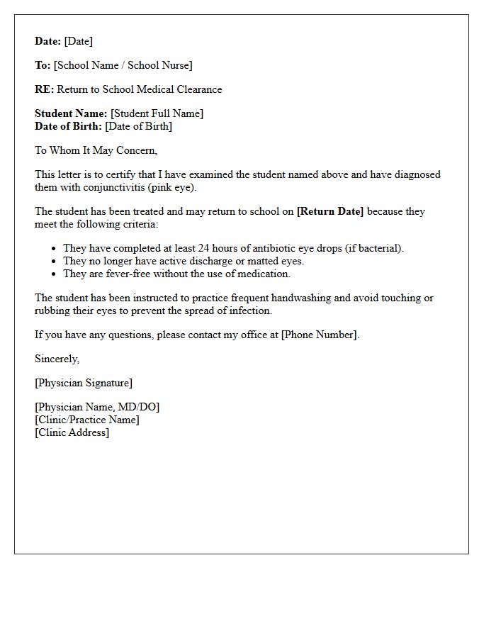 Physician Authorized Return to School Conjunctivitis Letter