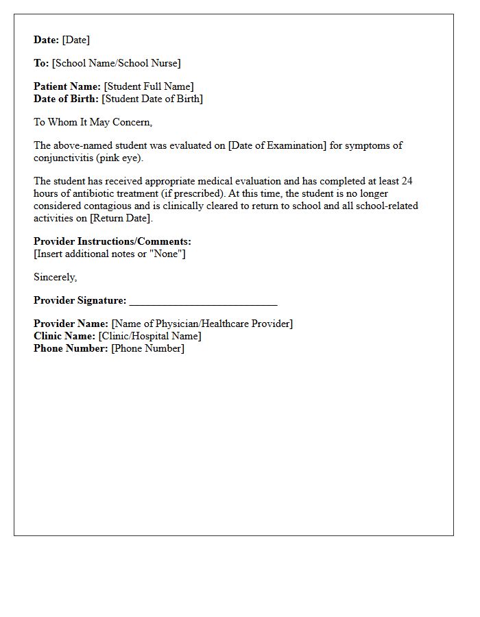Clinical Clearance for School After Conjunctivitis Treatment Letter