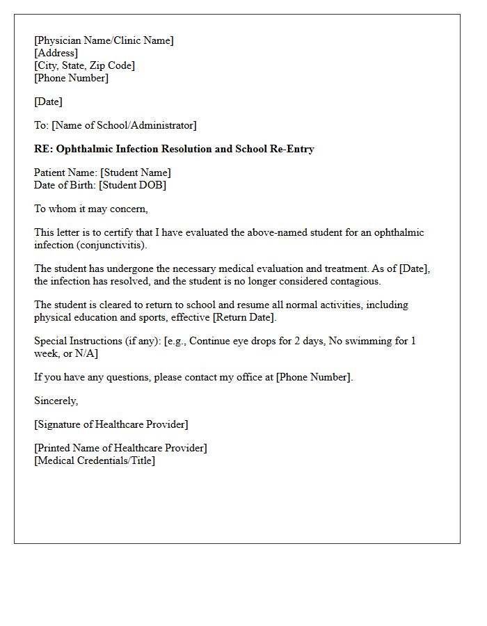 Ophthalmic Infection Resolution School Re-Entry Letter