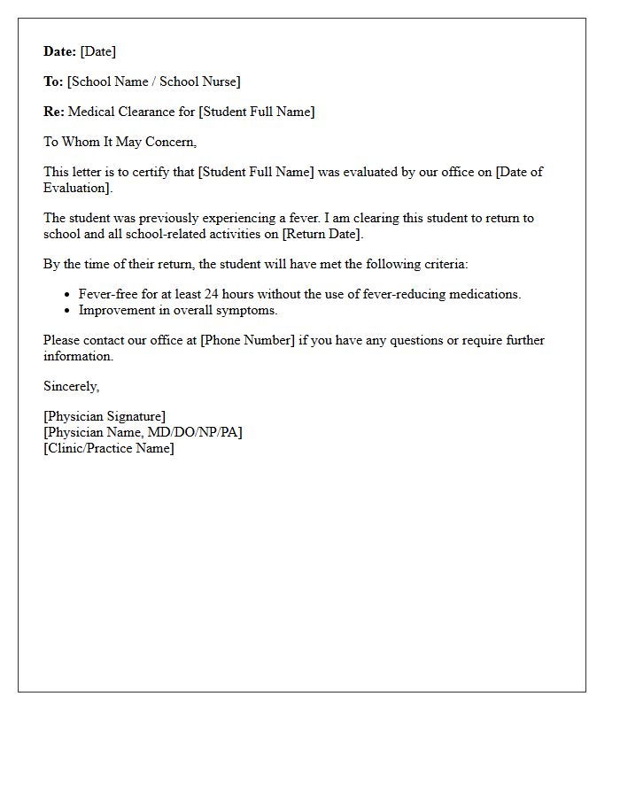 Standard Post-Fever Return To School Medical Clearance Letter