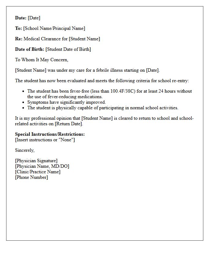 Pediatric Post-Fever School Re-Entry Medical Clearance Letter