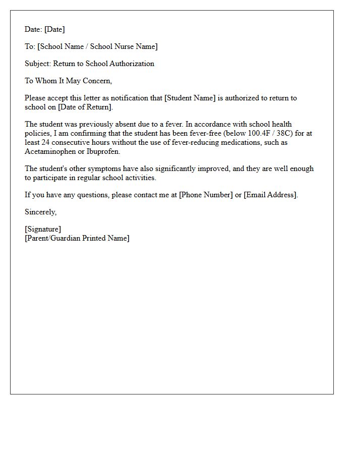 Twenty-Four Hour Fever-Free School Return Authorization Letter