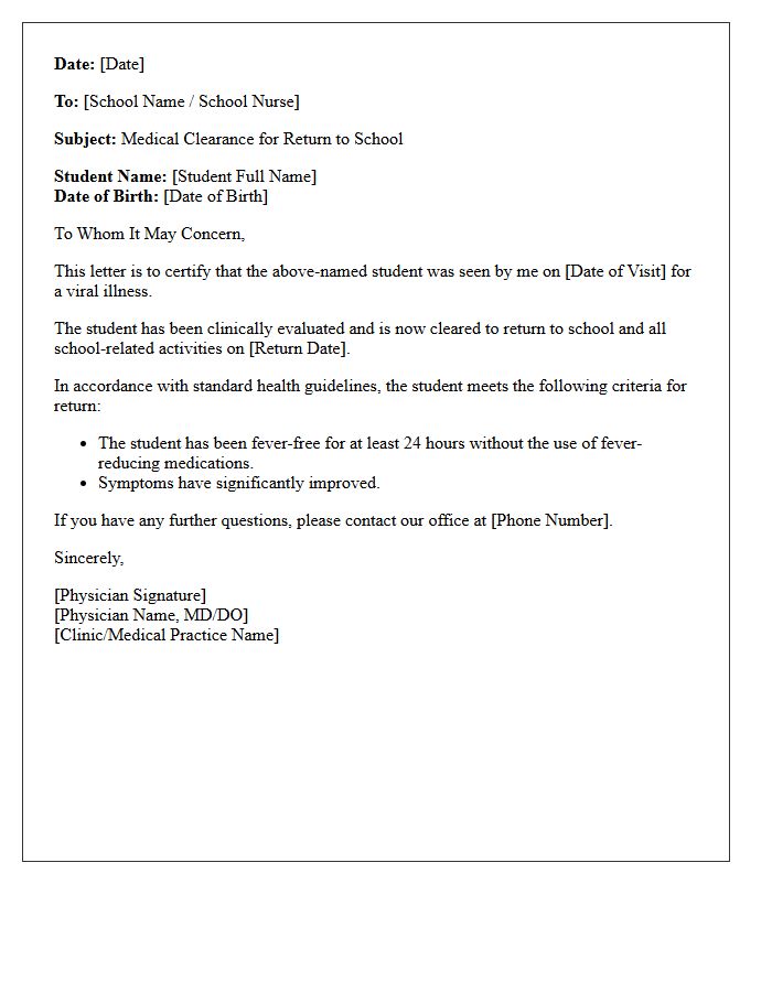Viral Illness Post-Fever School Clearance Medical Letter