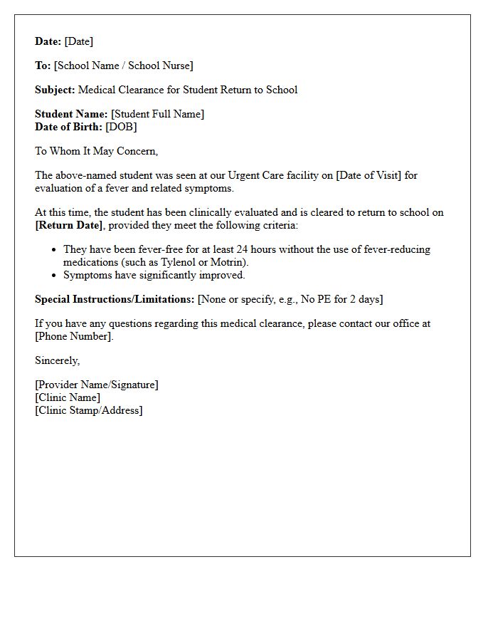 Urgent Care Post-Fever Student Return To School Letter