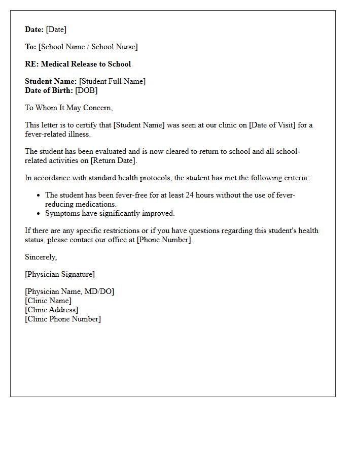 Family Clinic Post-Fever Medical Release To School Letter