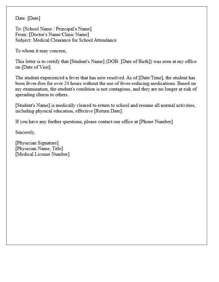 Non-Contagious Post-Fever School Attendance Clearance Letter