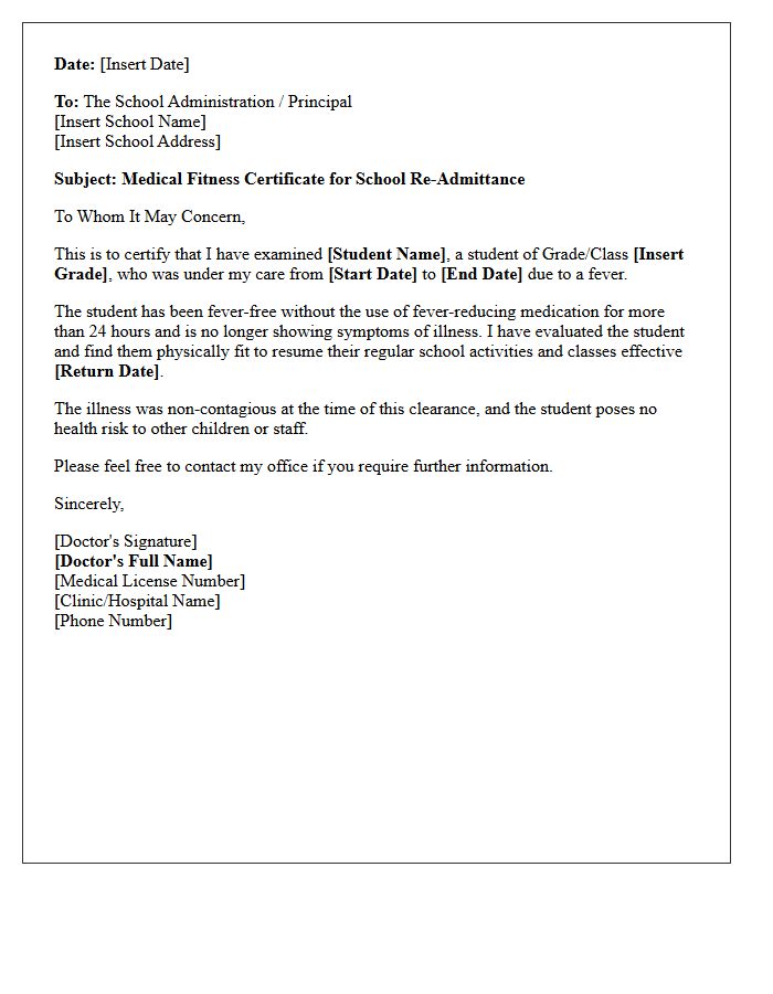 Post-Fever Medical Fitness For School Re-Admittance Letter