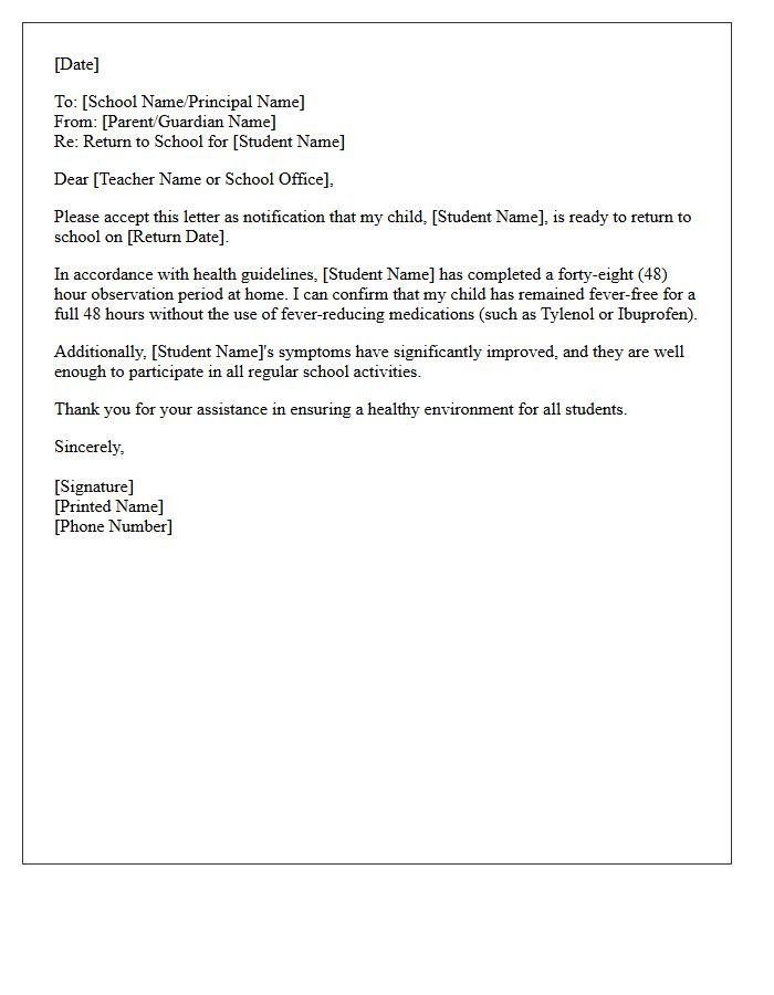 Forty-Eight Hour Post-Fever Observation And School Return Letter