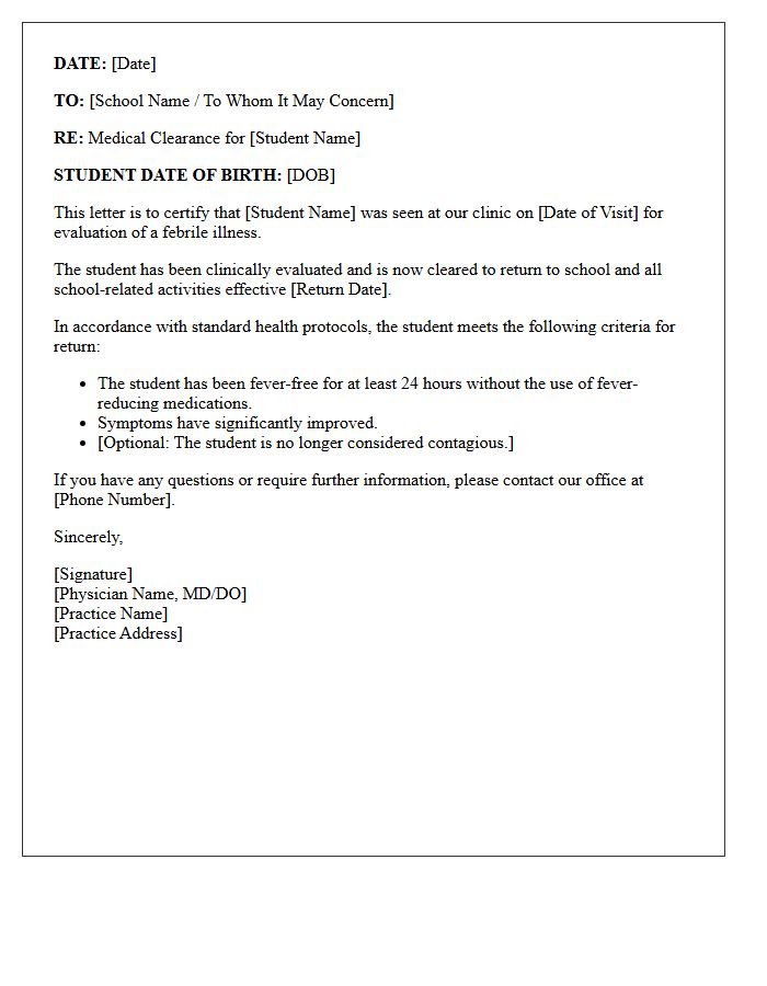 General Practice Post-Fever Student Medical Clearance Letter