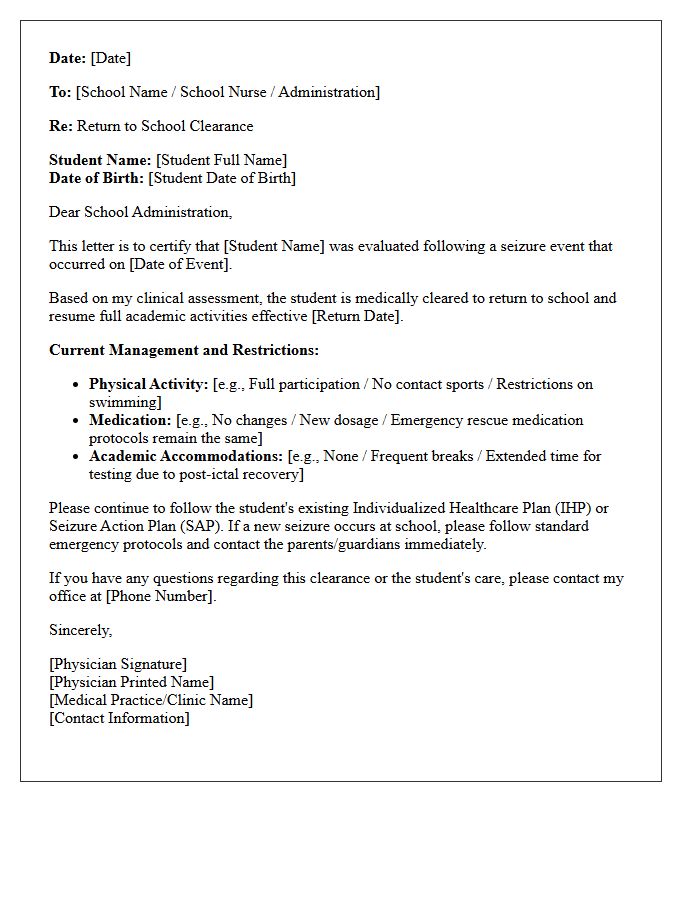 Standard Return to School Following Seizure Event Clearance Letter