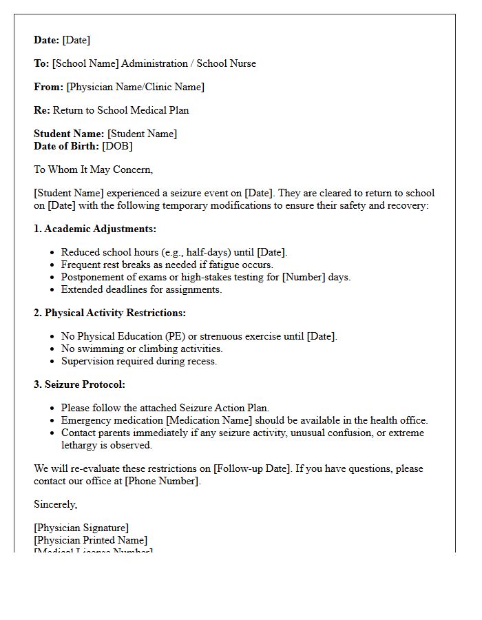 Modified Return to School Following Seizure Event Letter
