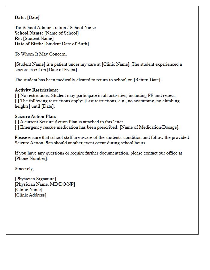 Medical Clinic Return to School Following Seizure Event Letter
