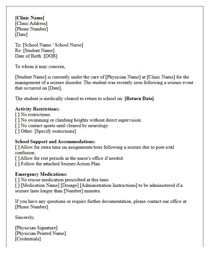 Neurology Clinic Return to School Following Seizure Event Letter