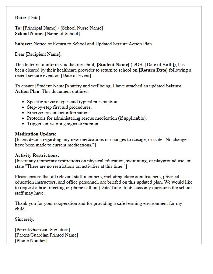 Return to School Following Seizure Event and Action Plan Letter