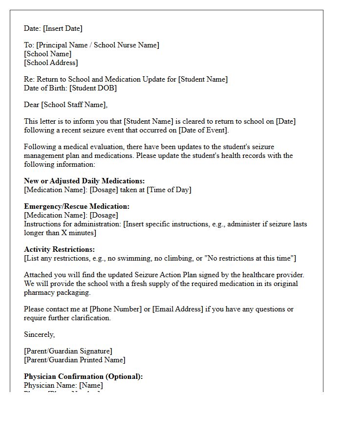 Return to School Following Seizure Event Medication Update Letter