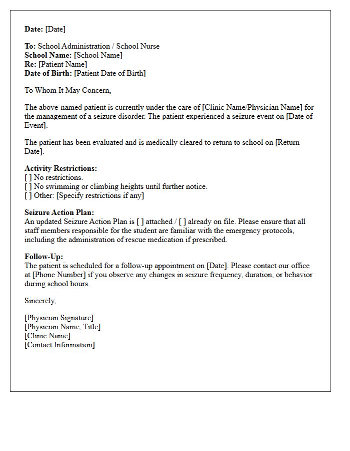 Pediatric Clinic Return to School Following Seizure Event Letter