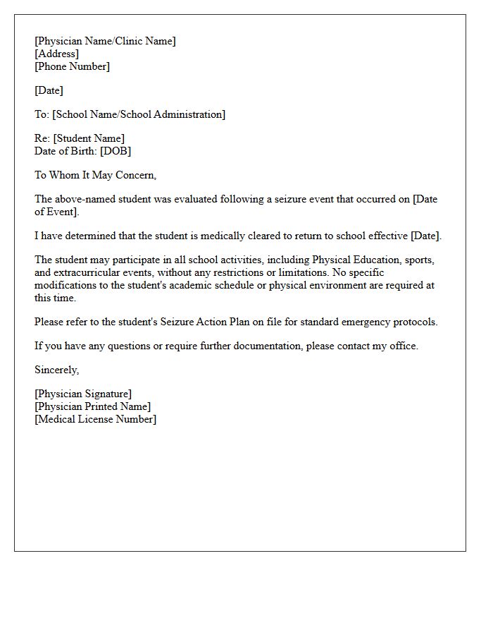 Unrestricted Return to School Following Seizure Event Letter