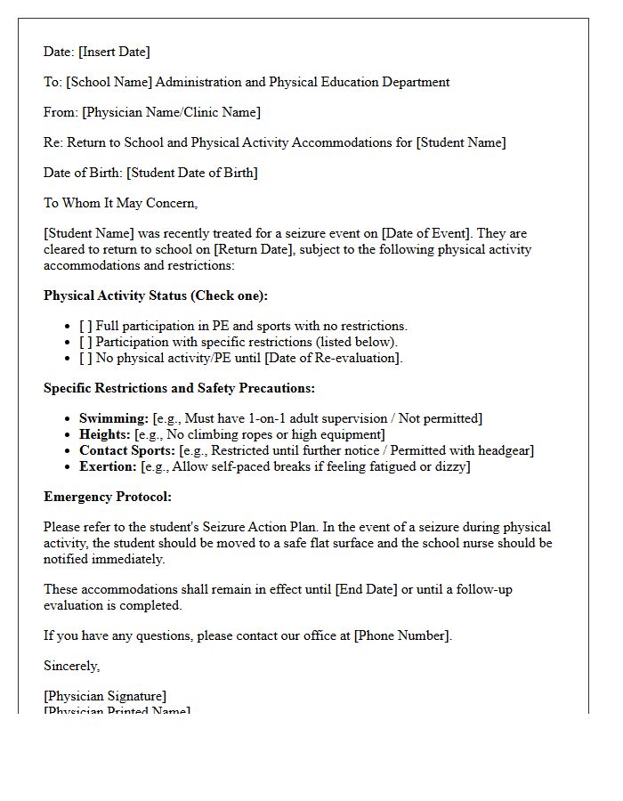 Return to School Following Seizure Event Physical Activity Accommodation Letter