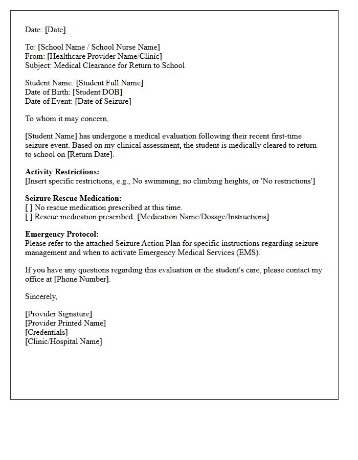 First-Time Return to School Following Seizure Event Evaluation Letter