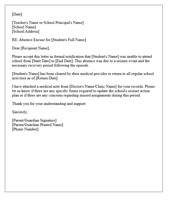 Return to School Following Seizure Event Absence Excuse Letter