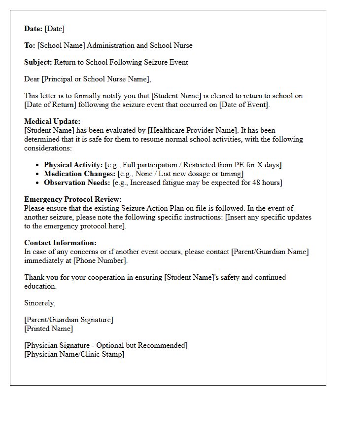 Return to School Following Seizure Event Emergency Protocol Letter