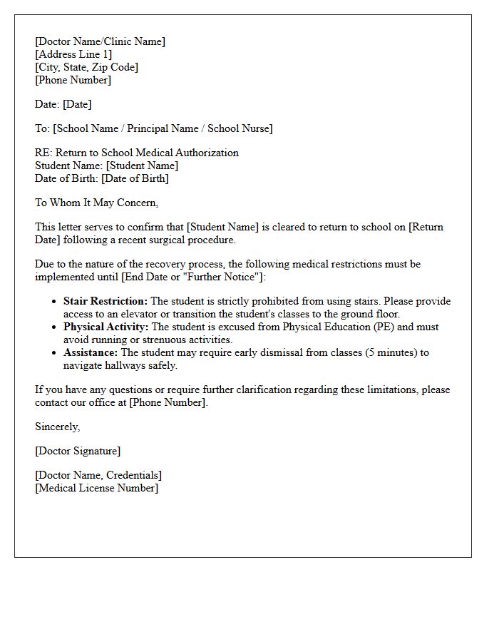 Post-Surgery Return to School and Stair Restriction Letter