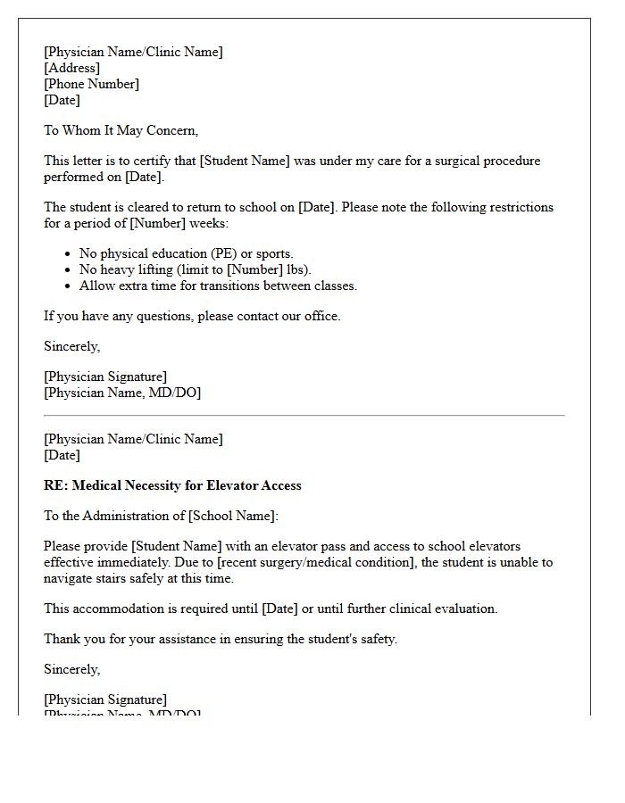 Medical Elevator Pass and Post-Surgery Return to School Letter