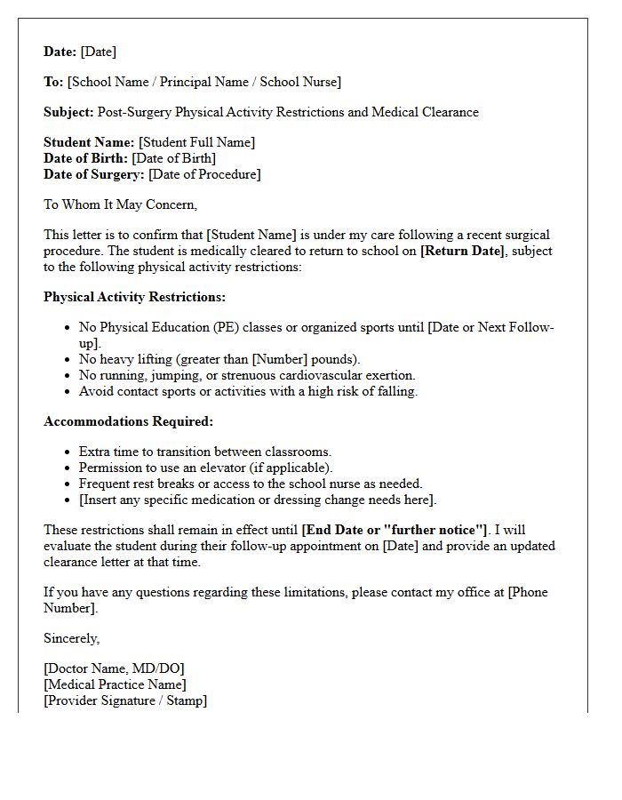 Post-Surgery Physical Activity Restriction and School Clearance Letter