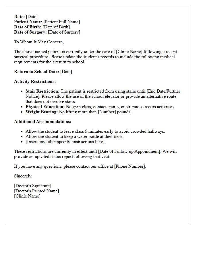 Pediatric Clinic Post-Surgery School Return and Stair Restriction Letter