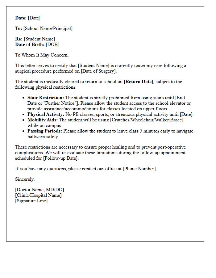 Post-Operative School Clearance and Stair Restriction Medical Letter