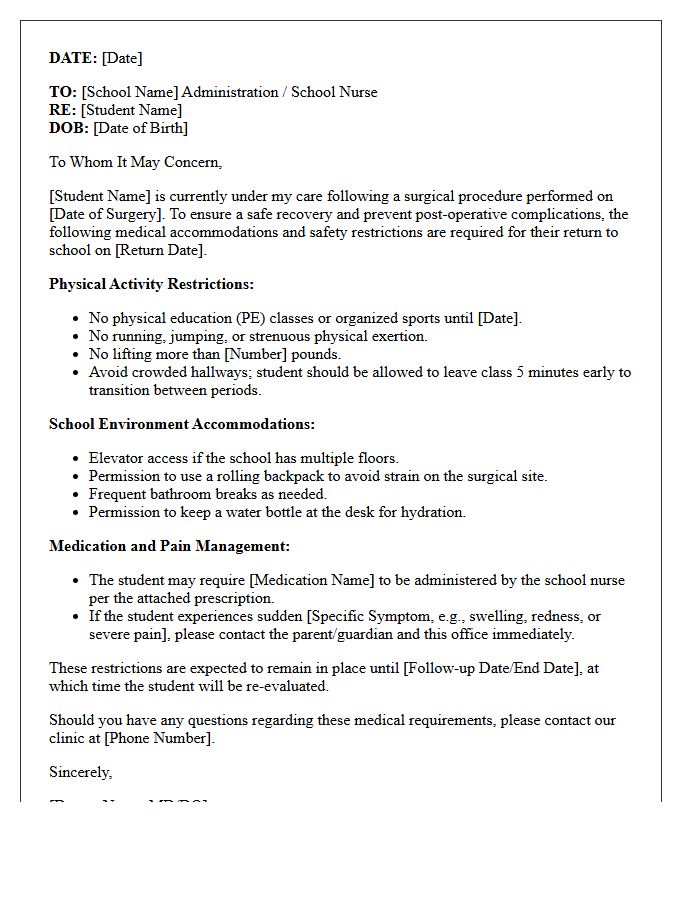 Medical Clinic School Safety Accommodation and Post-Surgery Letter